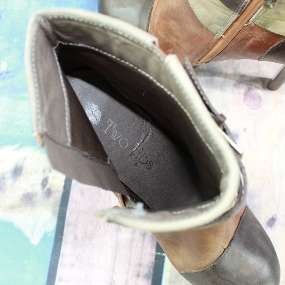 Two Lips Brown Leather Strappy Foldover Flatform Heeled Booties Size 9 - Picture 8 of 10